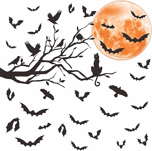 Halloween Moon Wall Sticker Black Bat Wall Stickers Vinyl Crow Bird Tree Branch Wall Decals Removable Halloween Moon Bat Wall Decals Halloween