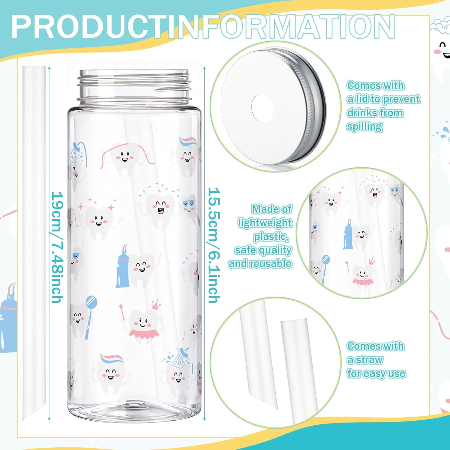 Vesici 12 Pcs Dental Assistants Gift 14.2oz Tooth Tumbler with Lid and Straw Dental Hygienist Assistants Plastic Reusable Tumbler Tooth Gift Cold Drinking Cup for Women Men Coworker - Image 2