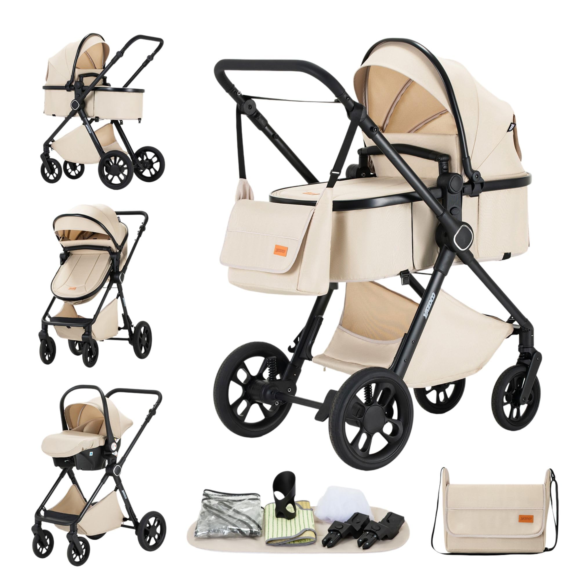 GLOKID passeggino trio 3 in 1, multifunzionale carrozzina pieghevole, navicella+passeggino 2 in 1, ruote antiforatura ammortizzate, completo di accessori(Bianco)