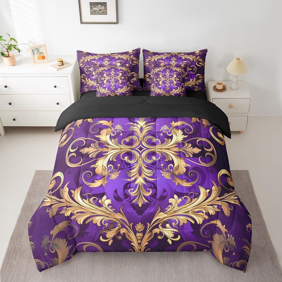 Erosebridal Damask 7 Piece Twin Comforter Set Bed in a Bag, Vintage Aztec Flower Microfiber Bedding, Exotic Bohemian Paisley Bed Set for Bedroom, Fashion Victorian Baroque Hippie Fitted Sheets Set