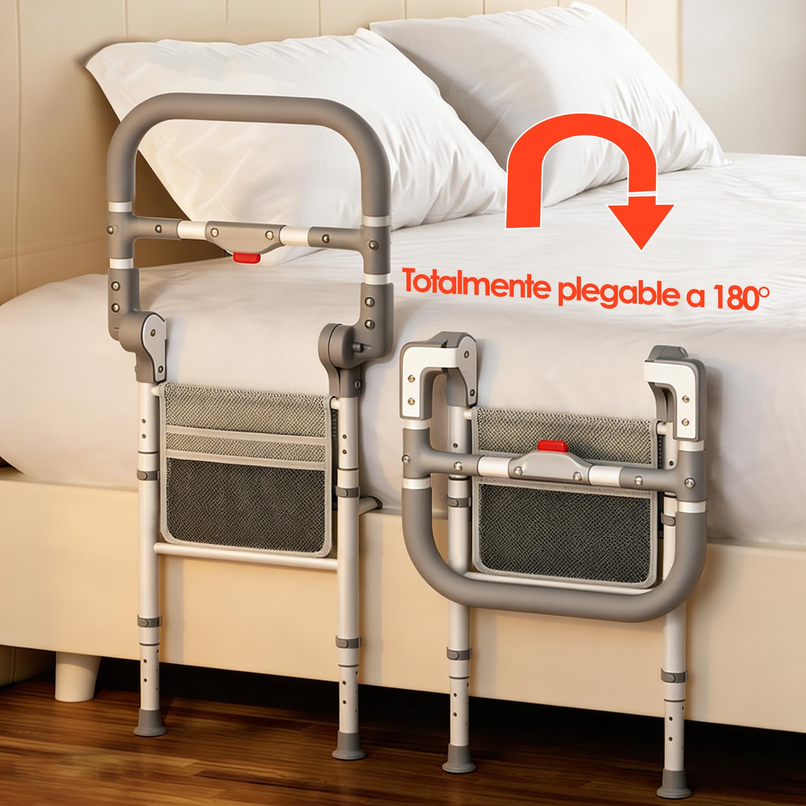 Sponda Letto Anziani Pieghevole, Barriera Letto Anziani con Altezza Regolabile, Supporto per Alzarsi dal Letto, Sbarra di Sicurezza Letto con Sistema a Sgancio Rapido, con Tasca Portaoggetti