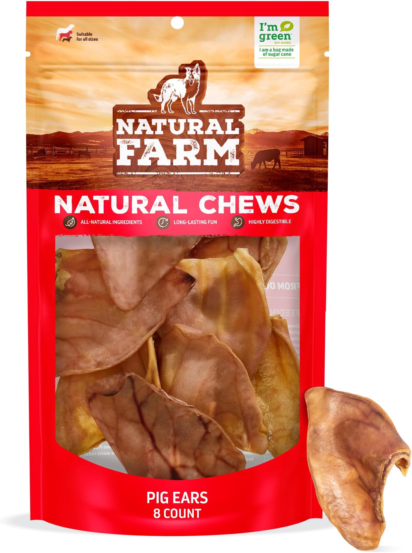 Pig Ears for Dogs (8-Count), One Ingredient: Natural Whole Pigs Ears, Air Dried, Long-Lasting & Highly Digestible Treats, Great for Puppy and Large/Medium Dogs