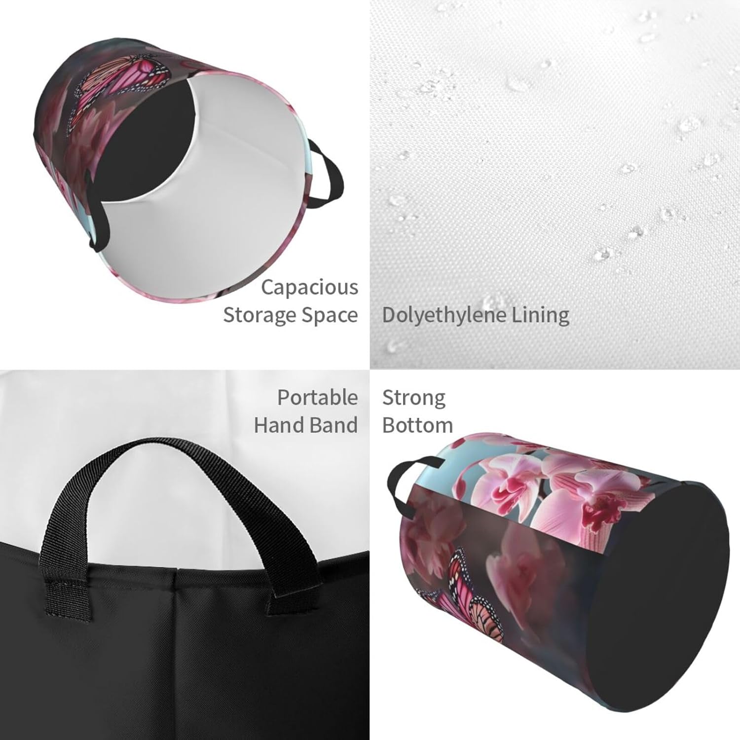 Orchid Flower Butterfly Soft Fresh Spring Laundry Basket With Handles, Foldable Laundry Hamper Oxford Cloth Dirty Clothes Basket Waterproof Clothes Toys Storage Bin Organizer for Bedroom Bathroom Dorm