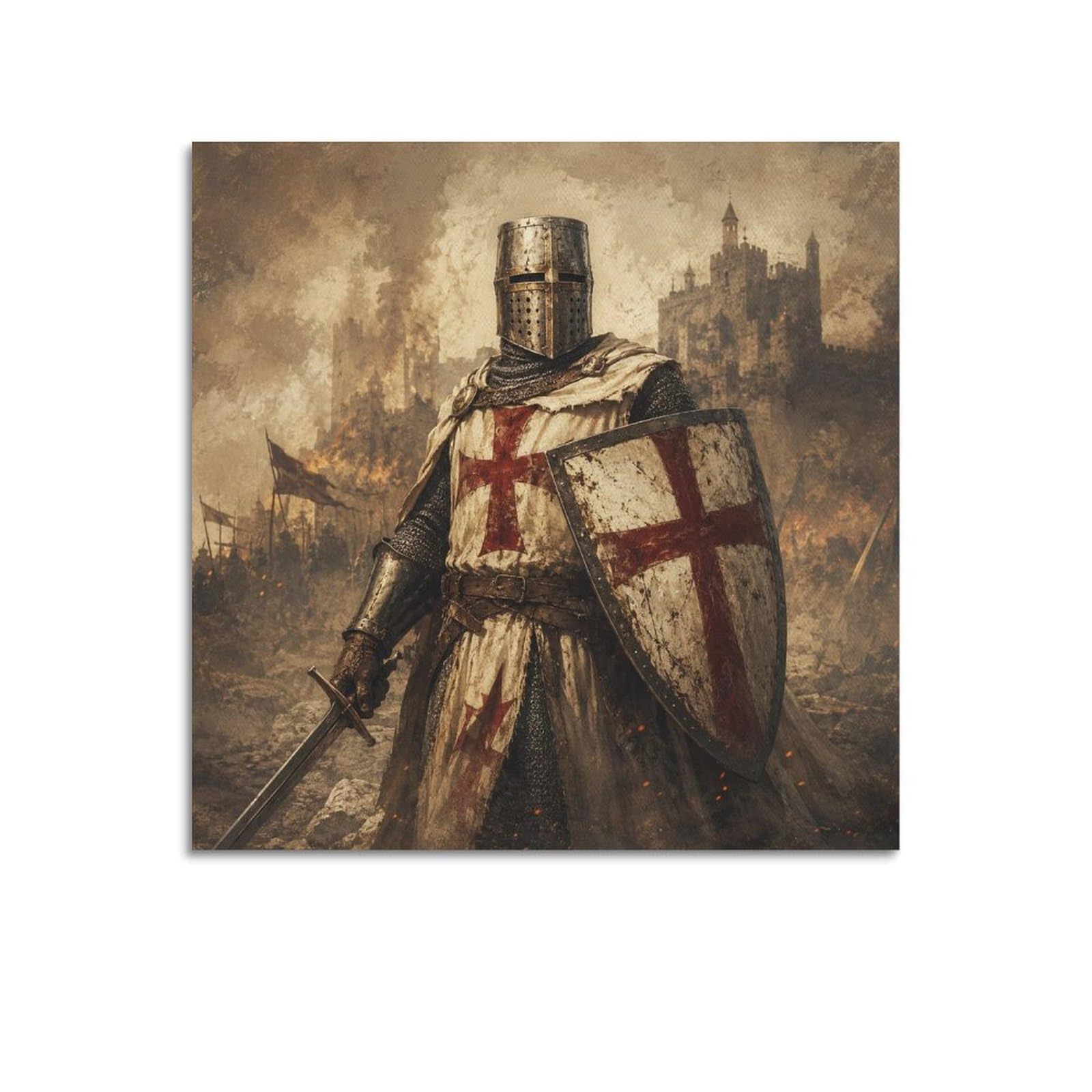 XKUGA Templar Knight Shield Poster Siege Defender Red Cross Armor Modern Decorative Canvas Prints - Ideal Wall Art for Family, Man Cave, Game Room, Boys & Girls Bedroom 28x28inch(70x70cm)