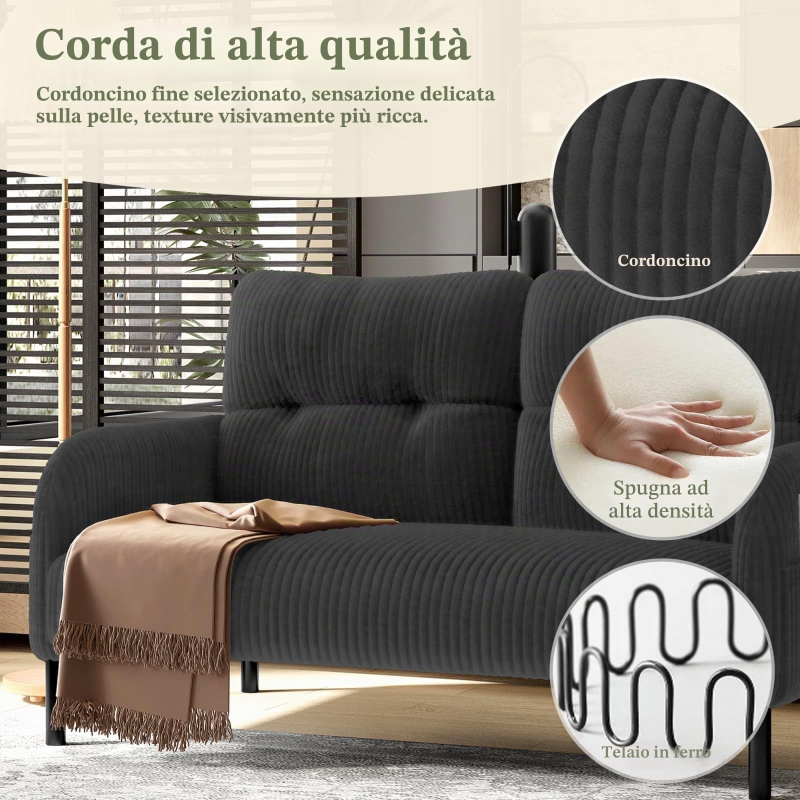 KOMHTOM Piccolo divano a 2 posti in velluto a coste con schienale alto comodo, 4 tasche e gambe in metallo, moderno divano angolare per soggiorno, camera da letto e ufficio (grigio - 2 posti)