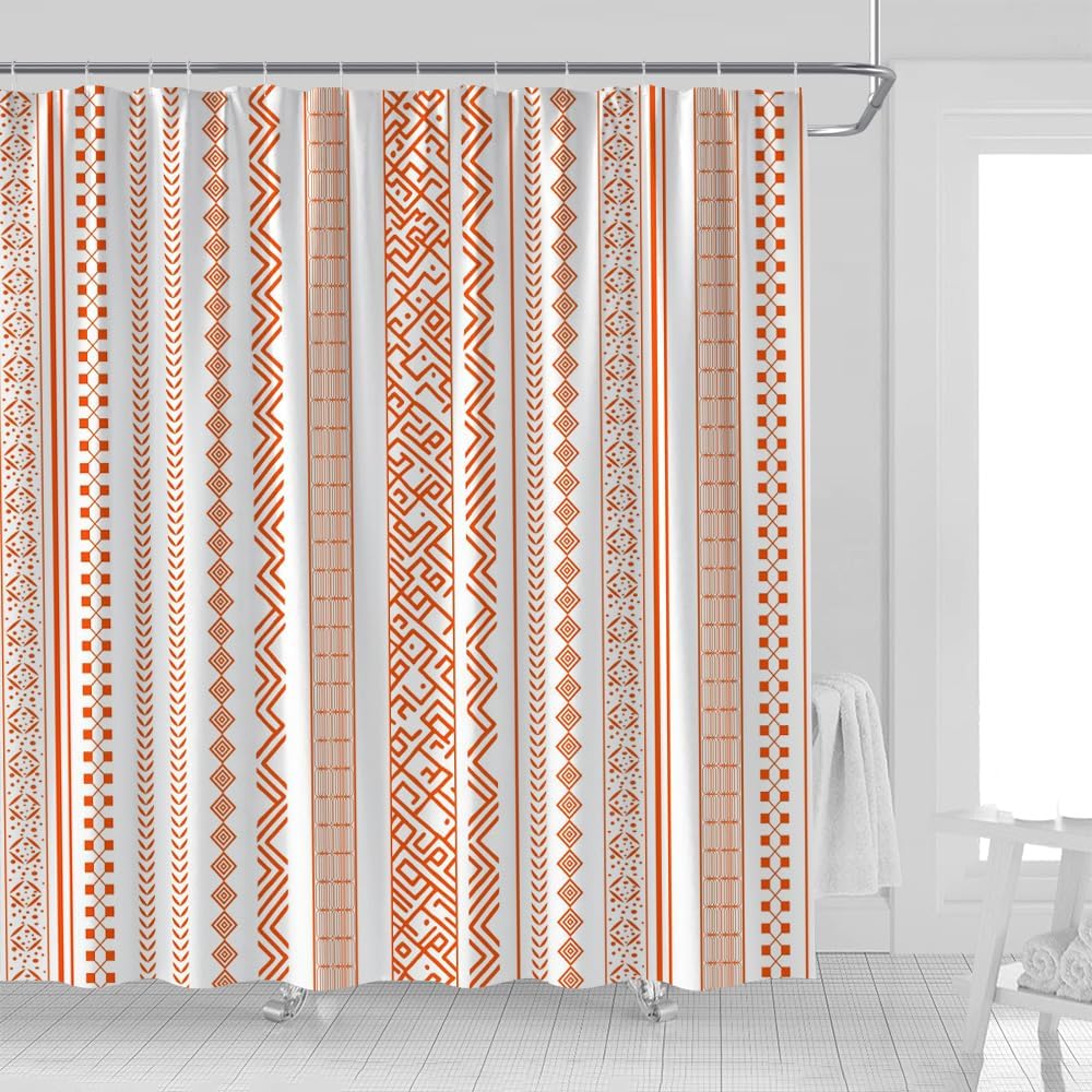Orange and White Striped Shower Curtain Geometric Stripes Chic Cute Retro Aztec Vintage Aesthetic Girly Fabric Bathroom Decor Curtains with Hooks,82W x 70L