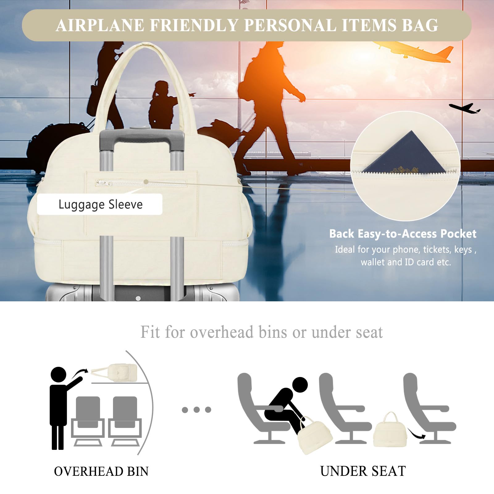 Borsa da viaggio da donna, borsa da viaggio con scomparto per scarpe, borsa sportiva da donna, Beige, Small, Alla moda