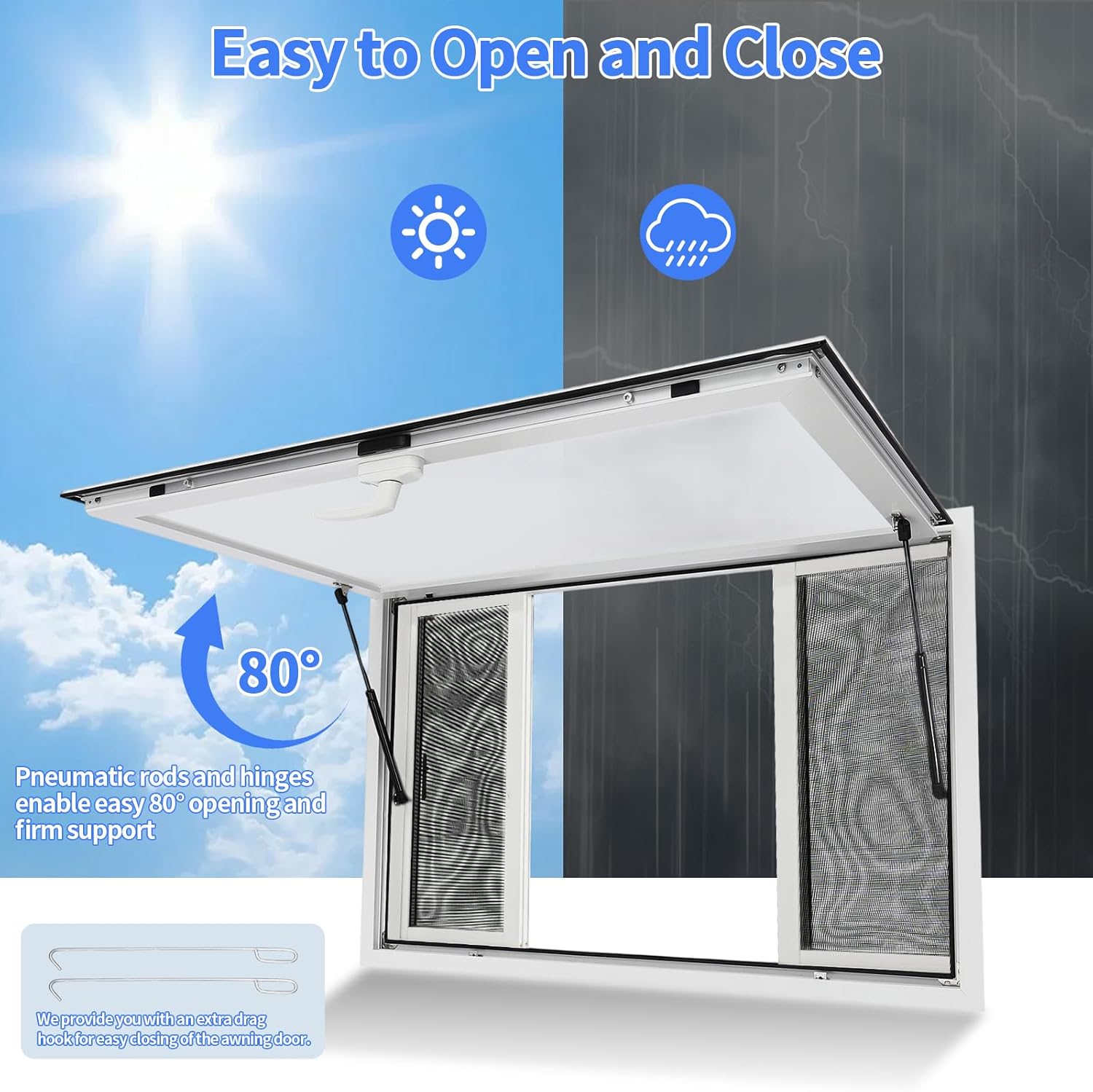 Concession Window 45 x 30 in, Aluminum Alloy Serving Window w/4 Horizontal Sliding Screen Windows & Awning Door & Drag Hook Up to 80 Degrees Food Truck Service Windows for Food Trucks, Trailer