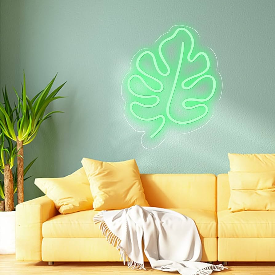 オリジナル ネオンサイン モンステラ 葉っぱデザイン 緑白ピンク