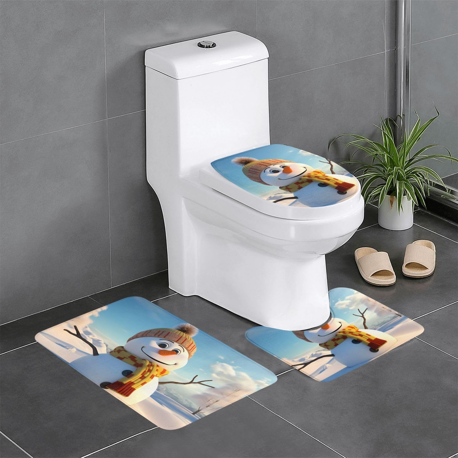Tapis de salle de bain antidérapants anti-glisse : lot de 3 tapis bonhomme de neige pour WC