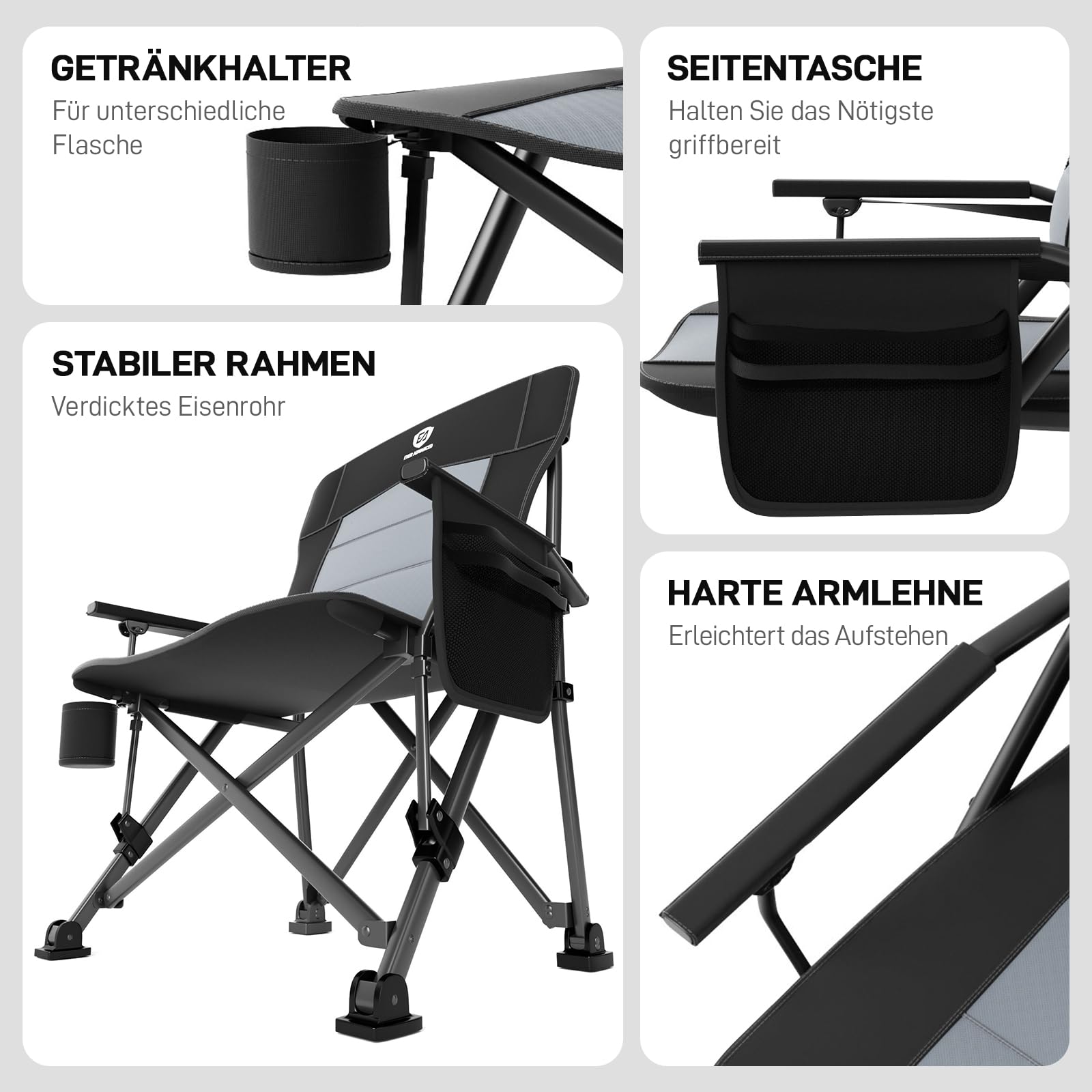 EVER ADVANCED Campingstuhl Faltbar 230KG Belastbar XL Klappstuhl 62cm Sitzbreit mit Seitentasche Getränkehalter Übergroß Faltstuhl Angelstuhl für Camping Outdoor Balkon Garten