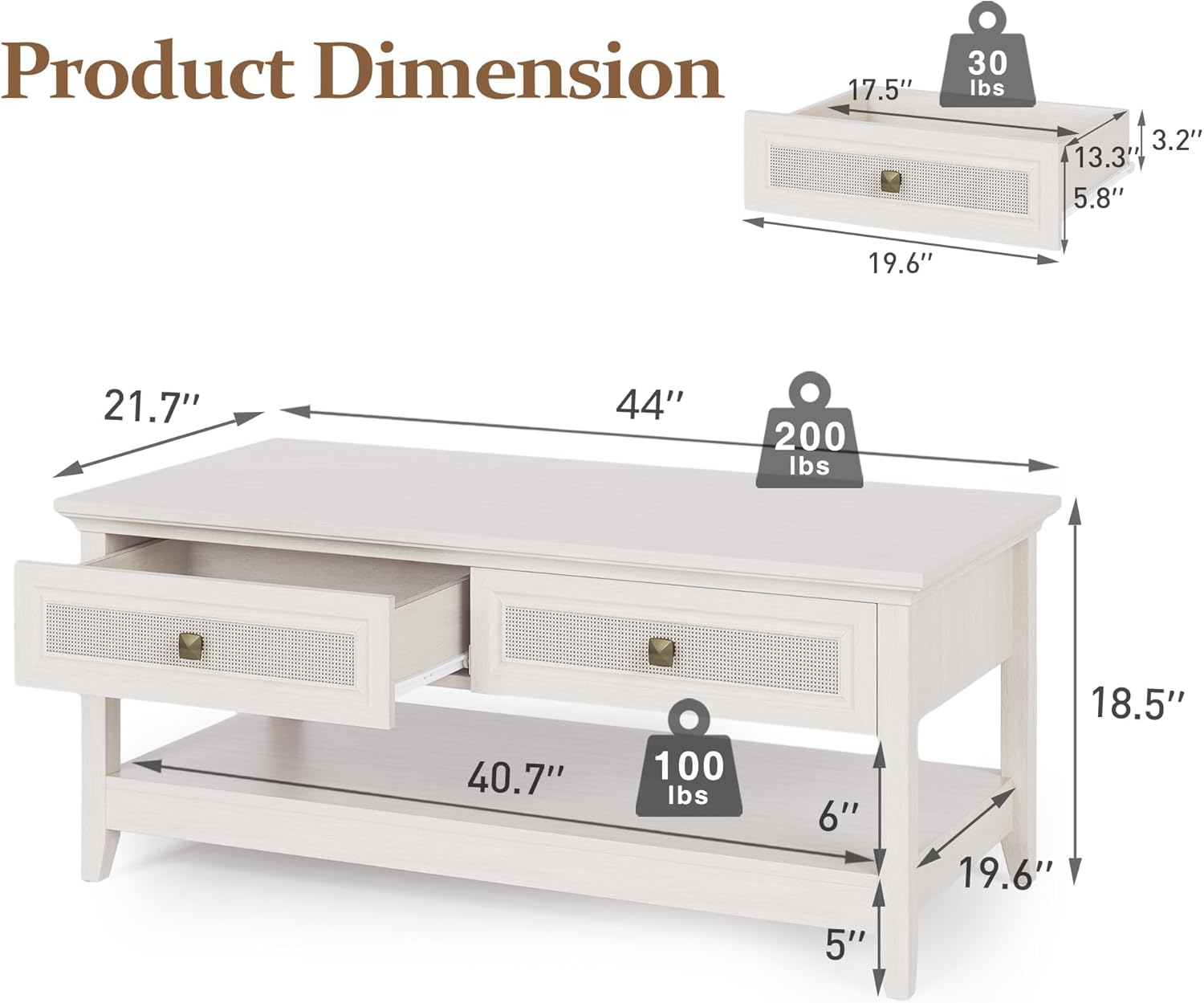 HEYNEMO Farmhouse Coffee Table, Boho Tea Table with 2 Rattan Decor Drawers, Accent Center Sofa Table with Storage Shelf, 2 Tier Coffee Table for Bedroom, Living Room, Home, Office, White