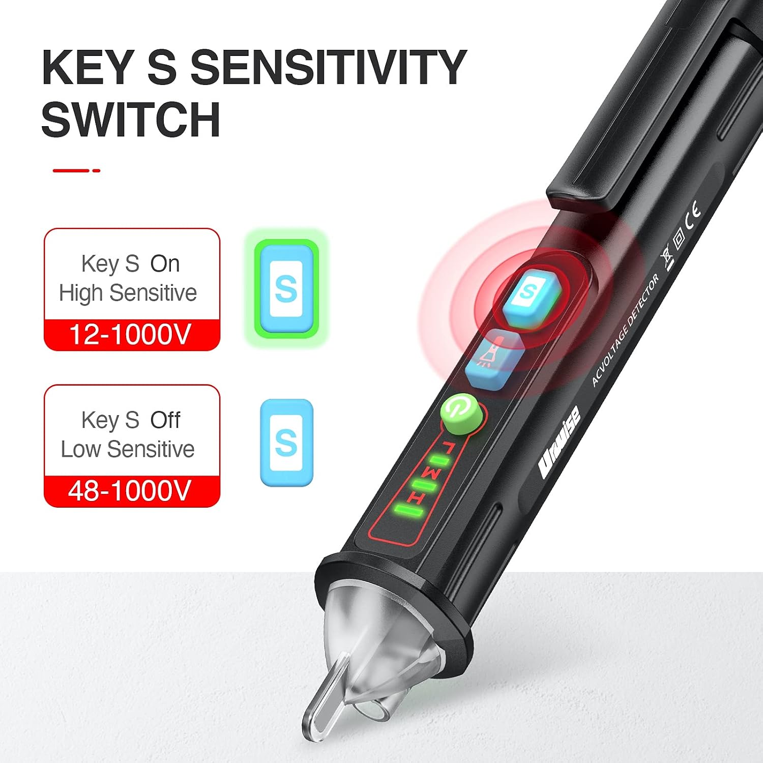 Urwise AC Non-Contact Voltage Tester, AC Voltage Detector Pen, Safety Insulators Do Not Transmit Voltage, Live/Null Wire Judgment, Buzzer Alarm, LED Flashlight, 12V/48V~1000V, New 2021-VD12