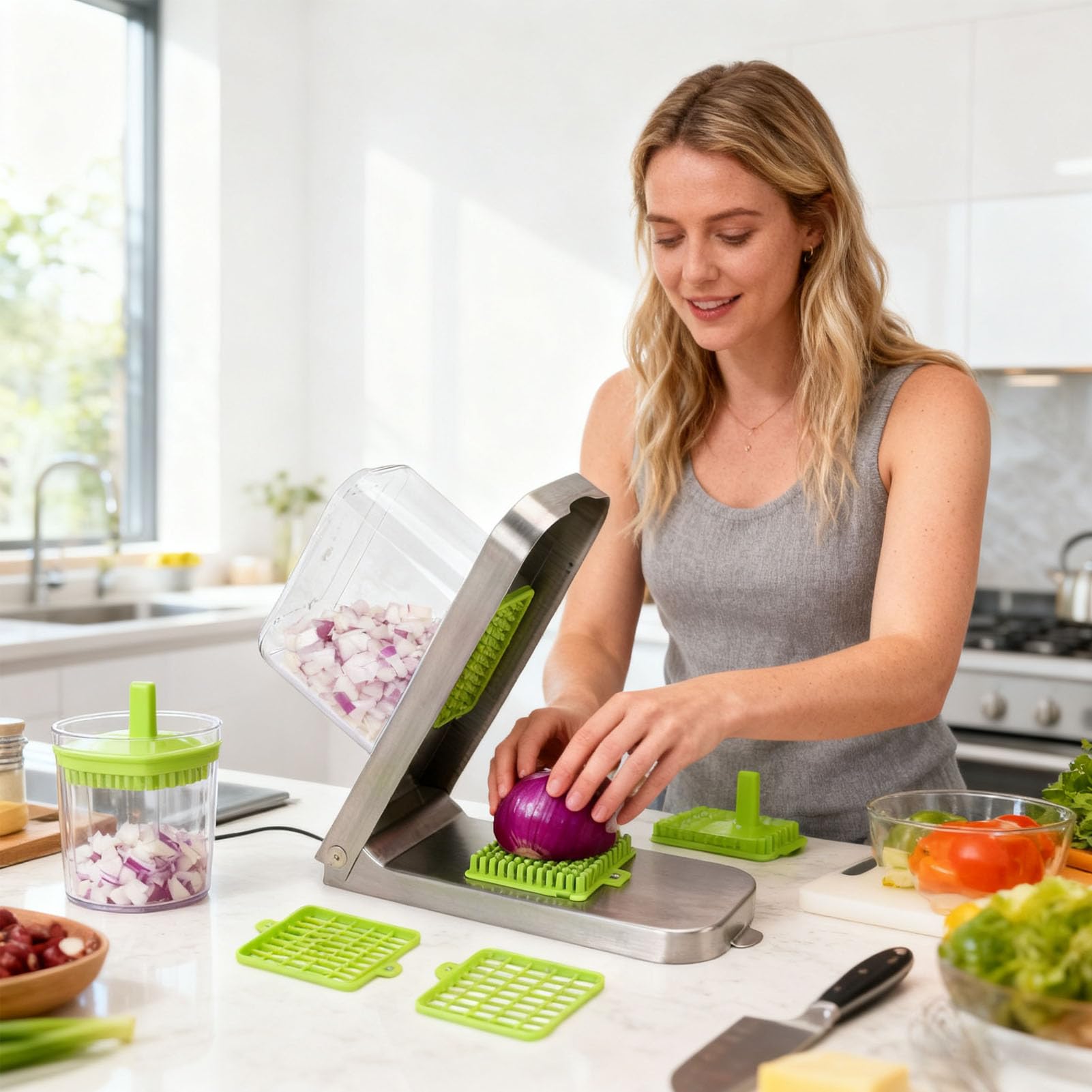 Focket Picadora de Verduras, Picadora Manual de Alimentos con Recipiente y Cuchillas de Acero Inoxidable, Rebanadora y Cortadora de Mandolina, para Ensalada, Papa, Zanahoria Ajo