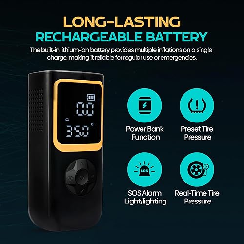 Miniatura 5 de Inflador de neumáticos con compresor de aire portátil, medidor de presión, cargador portátil, bolaneumáticosmotocicletasbicicletasautomóviles,