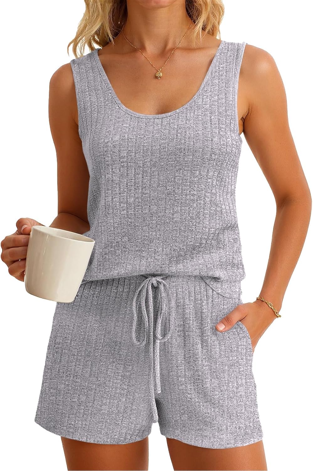 Imily Bela Womens Pajama Sets 2 Piece Sleeveless Summer Pjs Ribbed Knit Tank Top and Shorts Cute Lounge Sleepwear