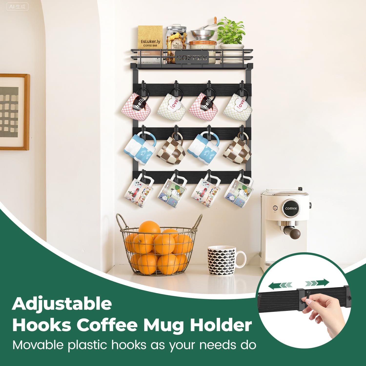 EsLuker.ly Coffee Mug Holder Wall Mounted Display Rack, Metal Cup Hanger Organizer with 12 Movable Plastic Hooks, Wood Rustic Shelf for Coffee Bar Home Kitchen, Black+Black