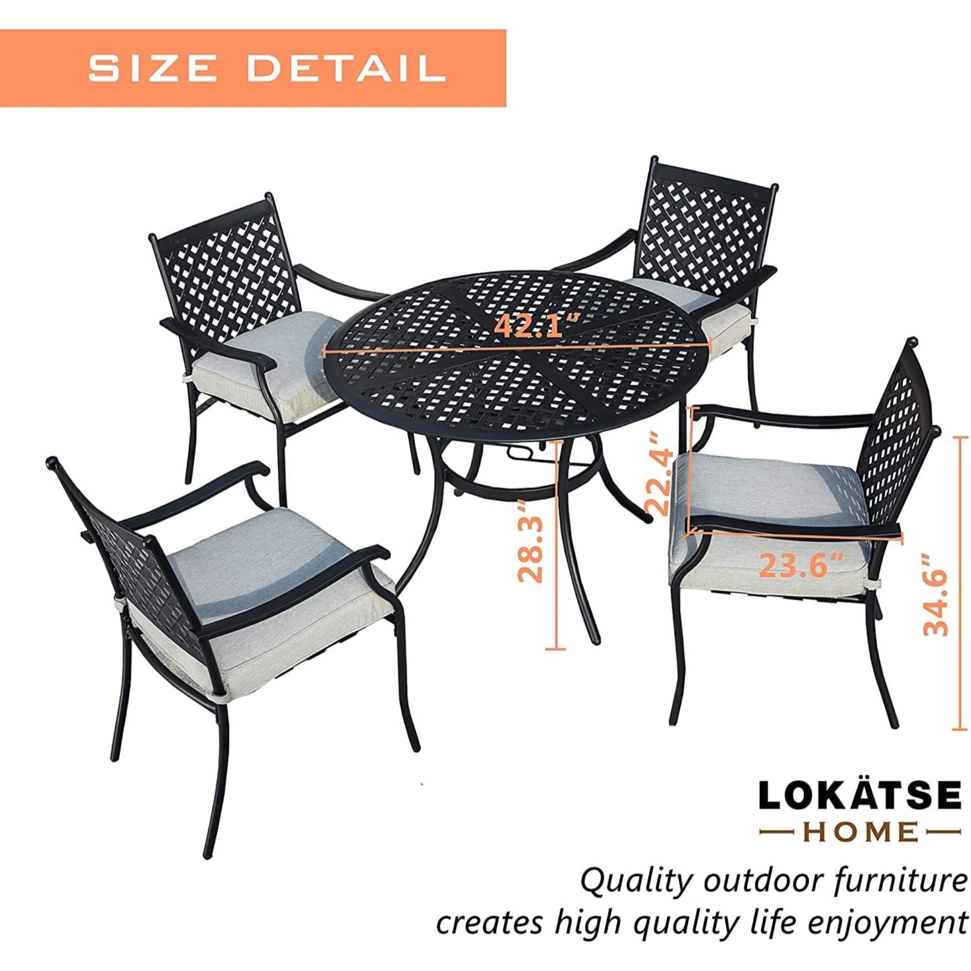 Juego de comedor de patio al aire libre de 5 piezas, mesa redonda de 42 pulgadas con agujero para sombrilla y 4 sillas con reposabrazos con cojines, acero resistente a la intemperie 3