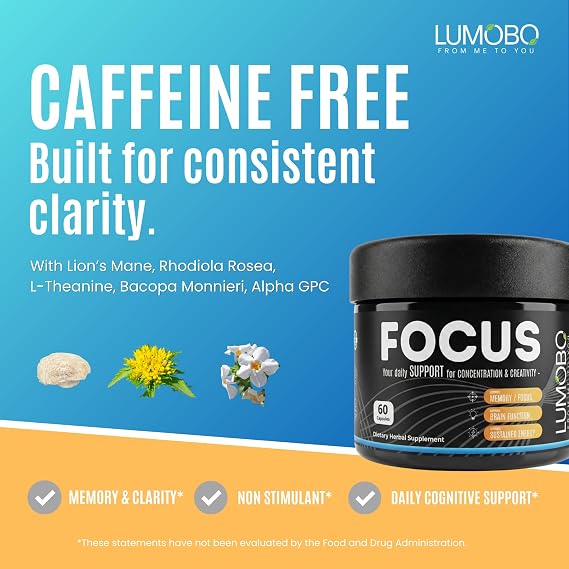 Focus Caffeine-Free Nootropic Brain Supplement Memory, Focus & Mental Clarity Lion's Mane, Bacopa, Rhodiola, L-Theanine & Alpha GPC No Stimulants 60 Vegan Capsules