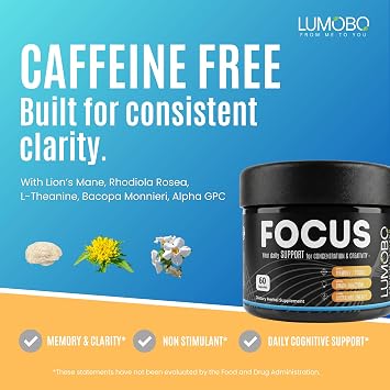 Focus Caffeine-Free Nootropic Brain Supplement Memory, Focus & Mental Clarity Lion's Mane, Bacopa, Rhodiola, L-Theanine & Alpha GPC No Stimulants 60 Vegan Capsules