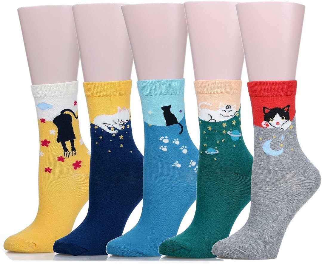 Leotruny Women's Colorful Cute Cat Crew Socks With Gift Box 5 pack Multicolor Size 9-11