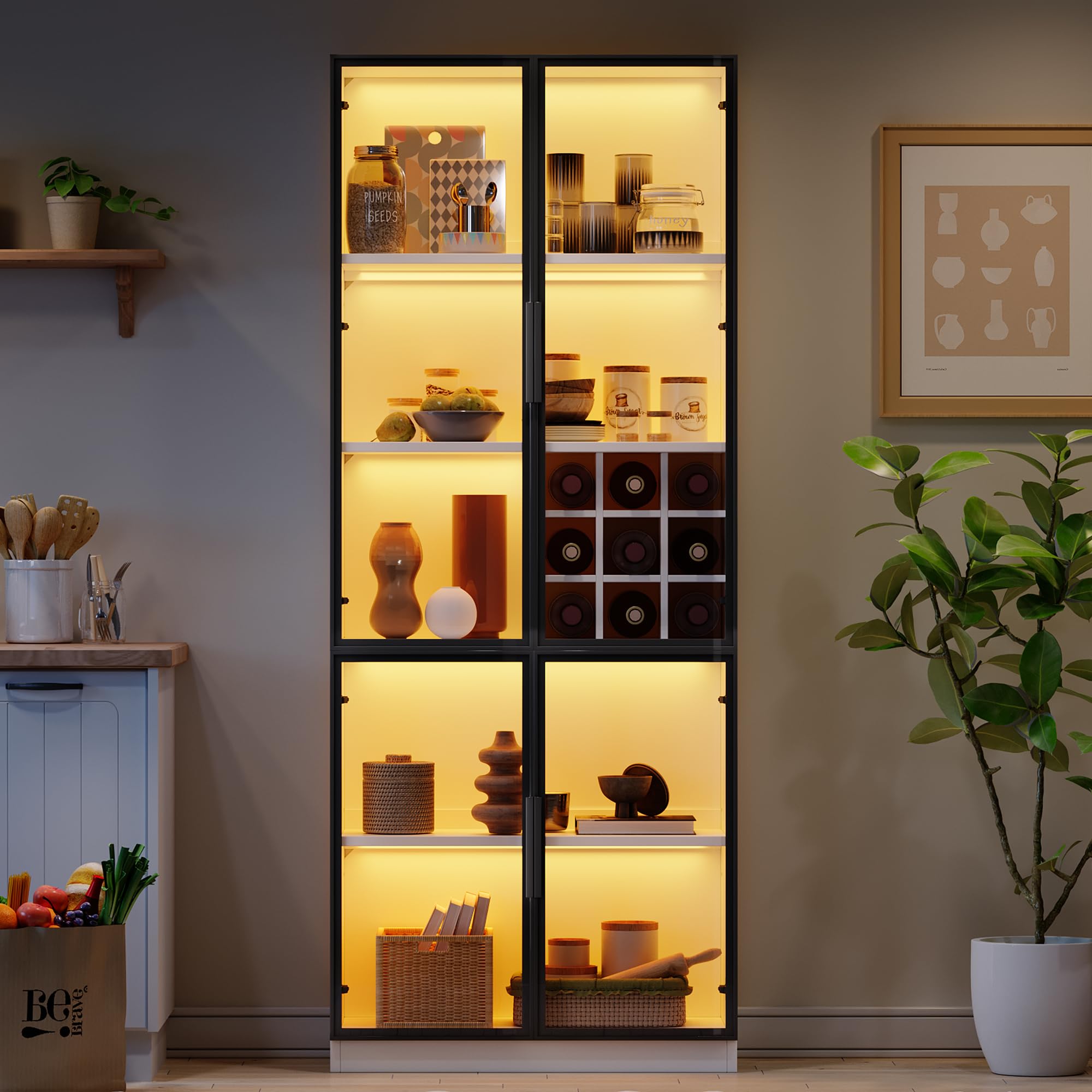Vitrina de cristal con puertas de cristal con LED, armario alto, vitrina de pie, elegante aparador con puertas dobles, estantería de cristal y soporte para vino, 80 x 35 x 200 cm