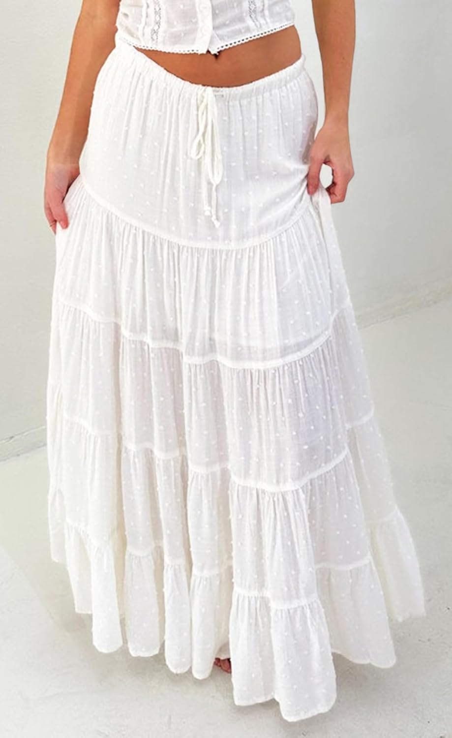 Tsher Women's Casual High Elastic Waist Ruffle Boho Pleated A-line Long Maxi Skirts 0333
