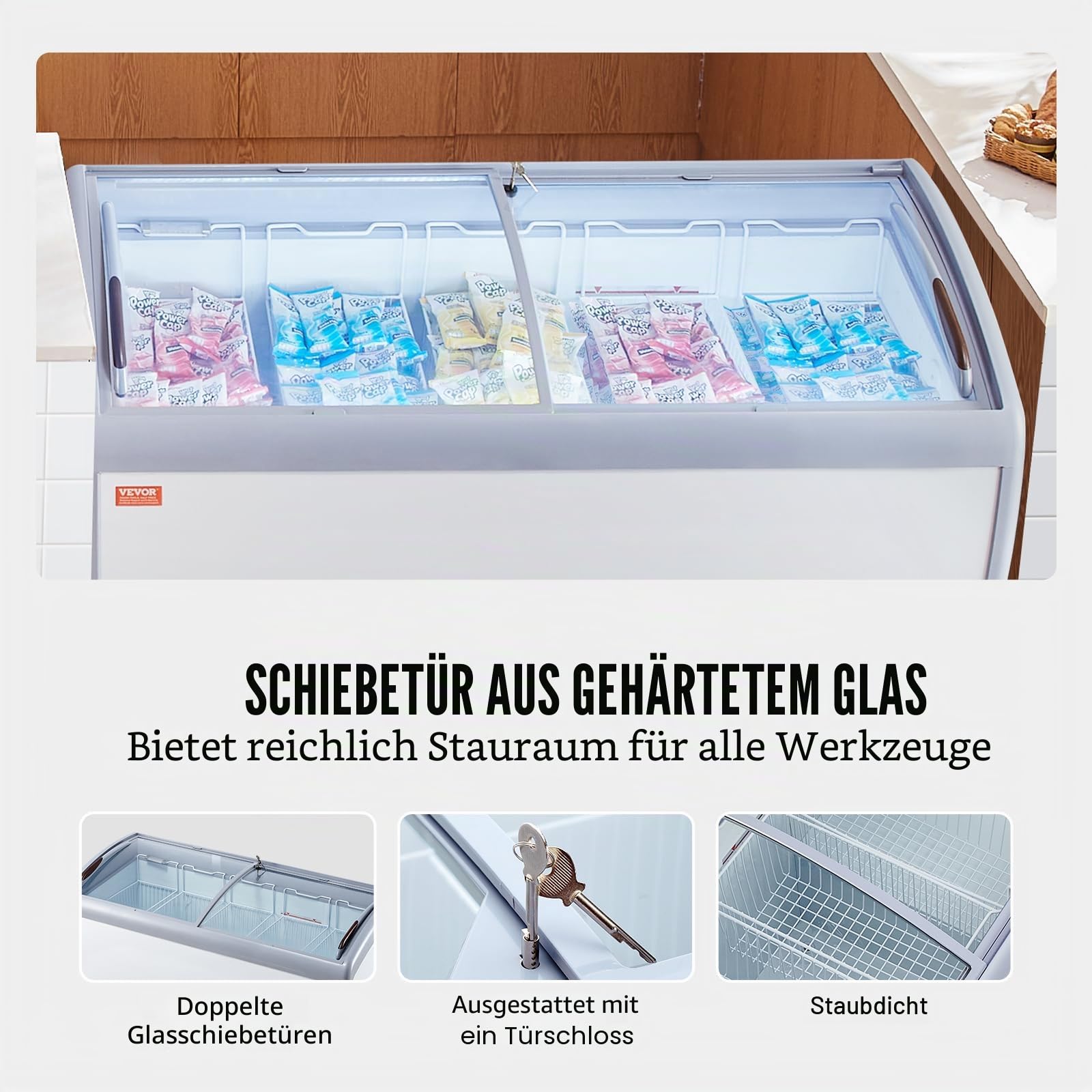 VEVOR Kommerzielle Eiscreme-Vitrine, 460 L Gefriertruhe, Mobiler Tiefkühlschrank mit Glasplatte, Restaurant-Gelato-Tauchschrank mit 5 Drahtkörben, 2 Glasschiebetüren, Feststellrollen, Weiß