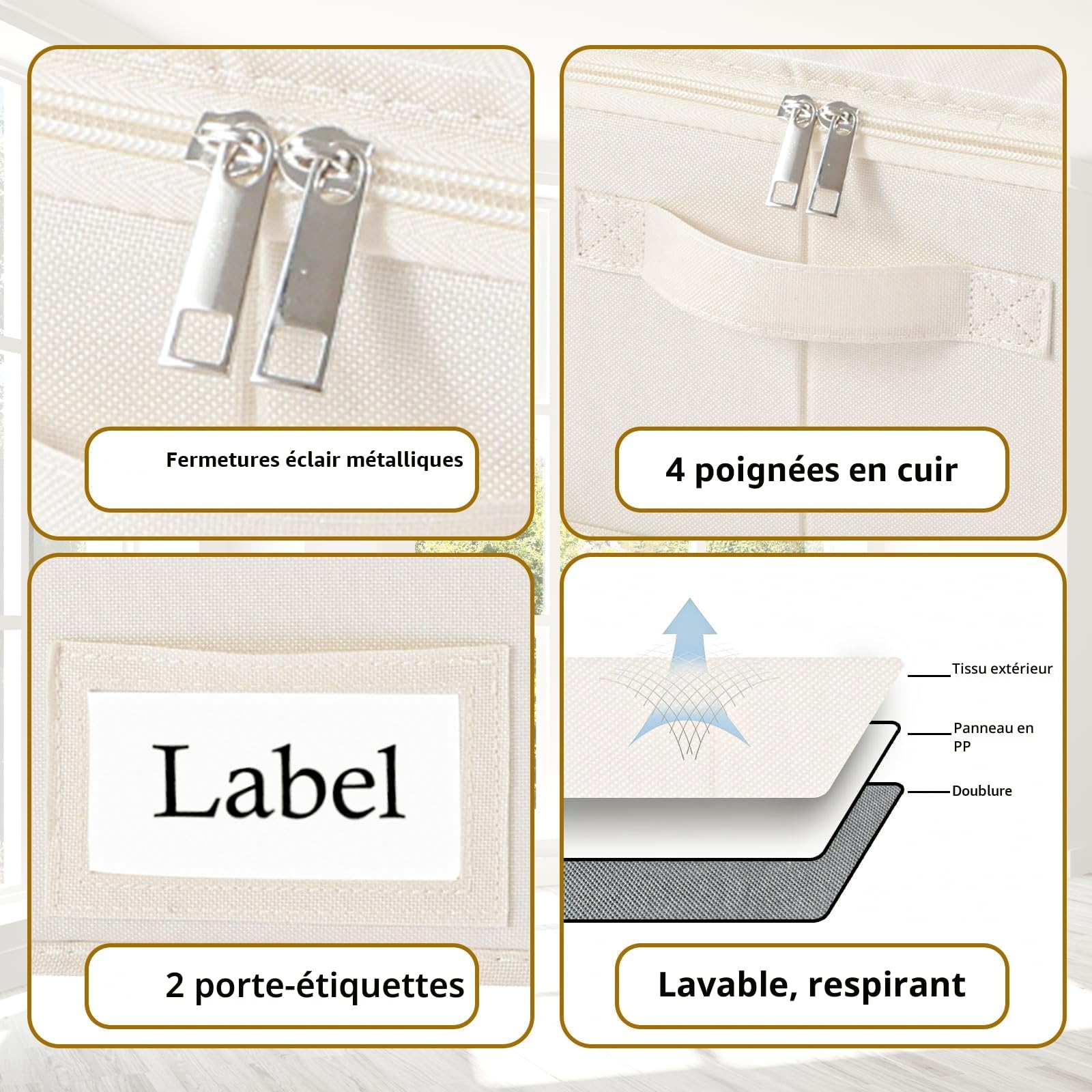 Yawinhe Sac de Rangement Sous Lit avec Couvercle, Organisateurs de Placards Pliable, avec 4 Poignées Renforcées, pour Ranger Les vêtements, Literie, Beige, 80x40x15cm, 2-Pack