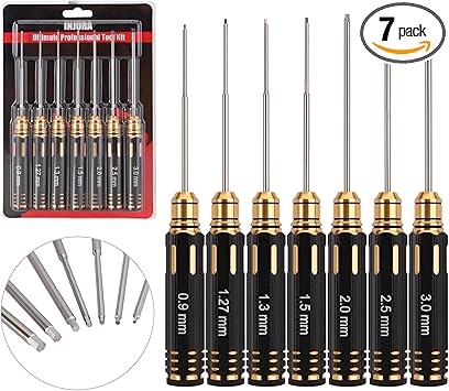 INJORA RC Hex Screw Driver Set-7PCS Car Tool Kit 0.9, 1.27, 1.3, 1.5, 2.0, 2.5, 3.0mm Hexagon Allen Screwdriver Wrenches Sets, Repair for Model Helicopter Drone Boat Car,(Tool-LSD39)