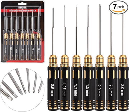 INJORA RC Hex Screw Driver Set-7PCS Car Tool Kit 0.9, 1.27, 1.3, 1.5, 2.0, 2.5, 3.0mm Hexagon Allen Screwdriver Wrenches Sets, Repair for Model Helicopter Drone Boat Car,(Tool-LSD39)