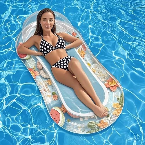 Miniatura 3 de Tumbona inflable para piscina con malla, hamaca de natación para adultos, diseño transparente de sandíafresas, reposacabezas integrado, relleno de