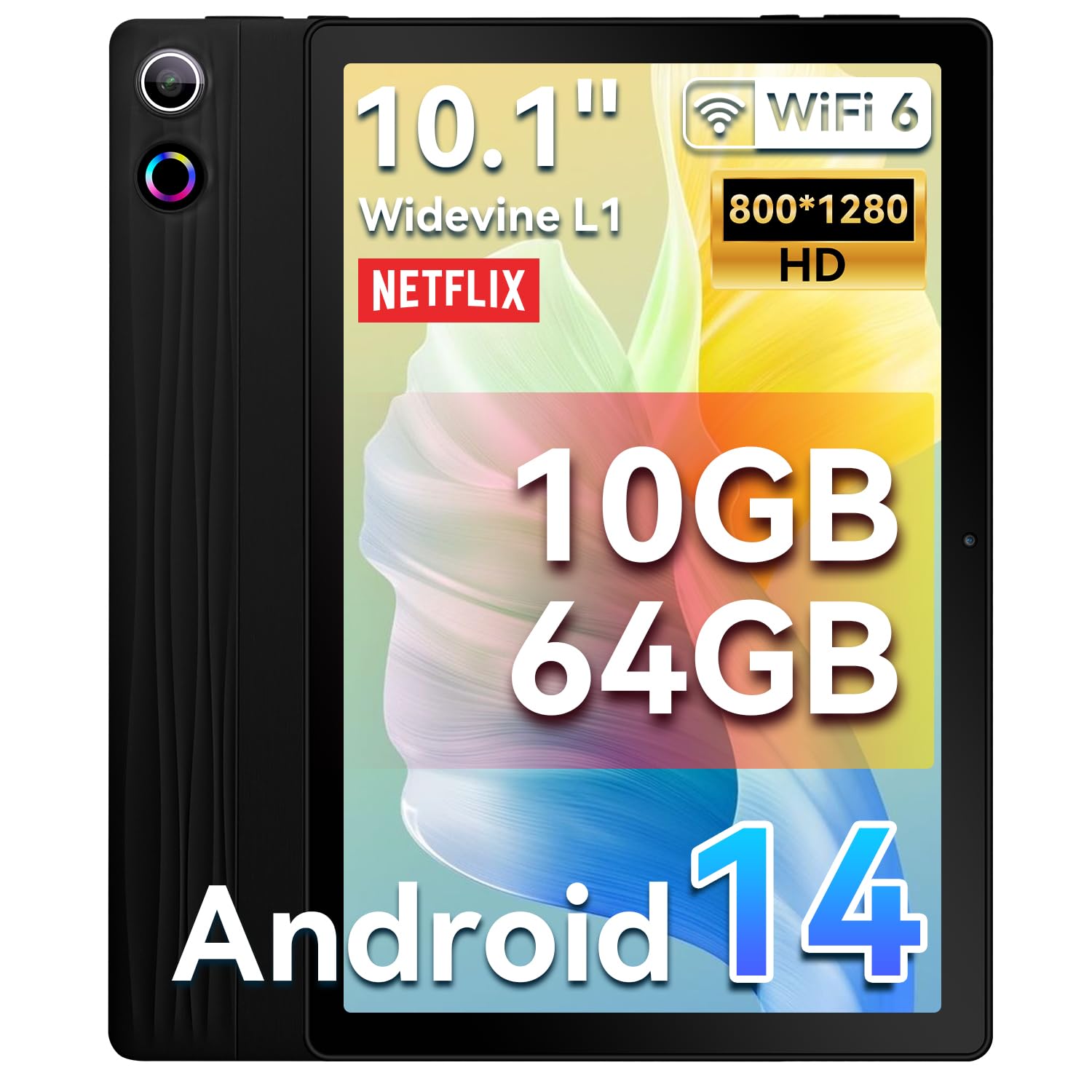 HotLight Tablet 10 pollici, Android 14 Tablet, Octa-Core 10GB RAM + 64GB ROM (TF 1TB) con 5G WiFi, Face ID, Spiritual Aura, connessione OTG, WideVine L1, BT 5.3 (Nero)