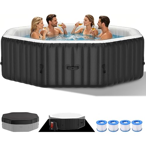 4-6 Person Inflatable Hot Tub, Polygon Portable Blow Up Hot Tub, Leak-Proof PVC Outdoor Spa with 130 Strong Air Jets, Heater Pump and Insulated Cover, 77” X 77”X 25”