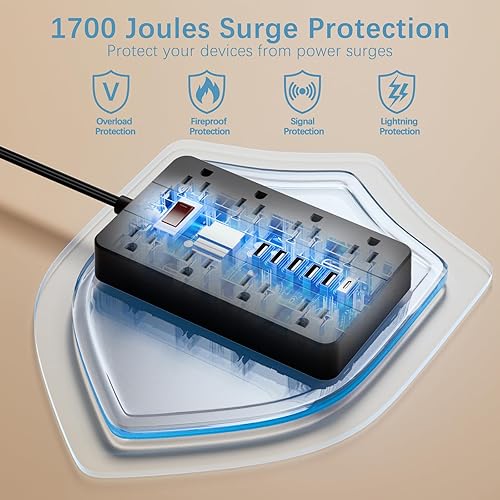 Miniatura 6 de HUNIAN - Regleta de alimentación con puertos USB, cable de extensión de 5 pies, enchufe plano con 8 tomas, 6 cargadores USB (1 puerto USB C),