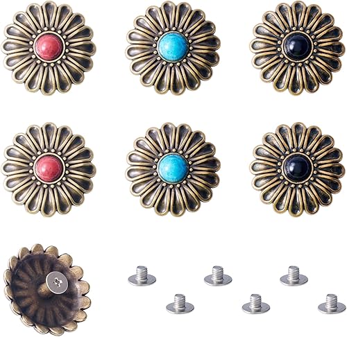 Miniatura 9 de Juego de 24 conchos para remaches decorativos de girasol de cuero, 0.512-0.787 in, conchos turquesa, remache rápido de metal, fundición redonda,