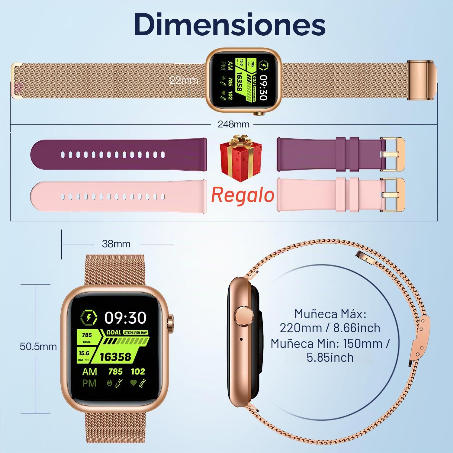 Reloj Inteligente Mujer Smartwatch con Llamada: 1.83'' Oro Digital Smart Watch con Bluetooth Whatsapp Pulsómetro/Monitor de Sueño 123 Mode Deportivos Pulsera Actividad 3 Correa para iPhone iOS Android