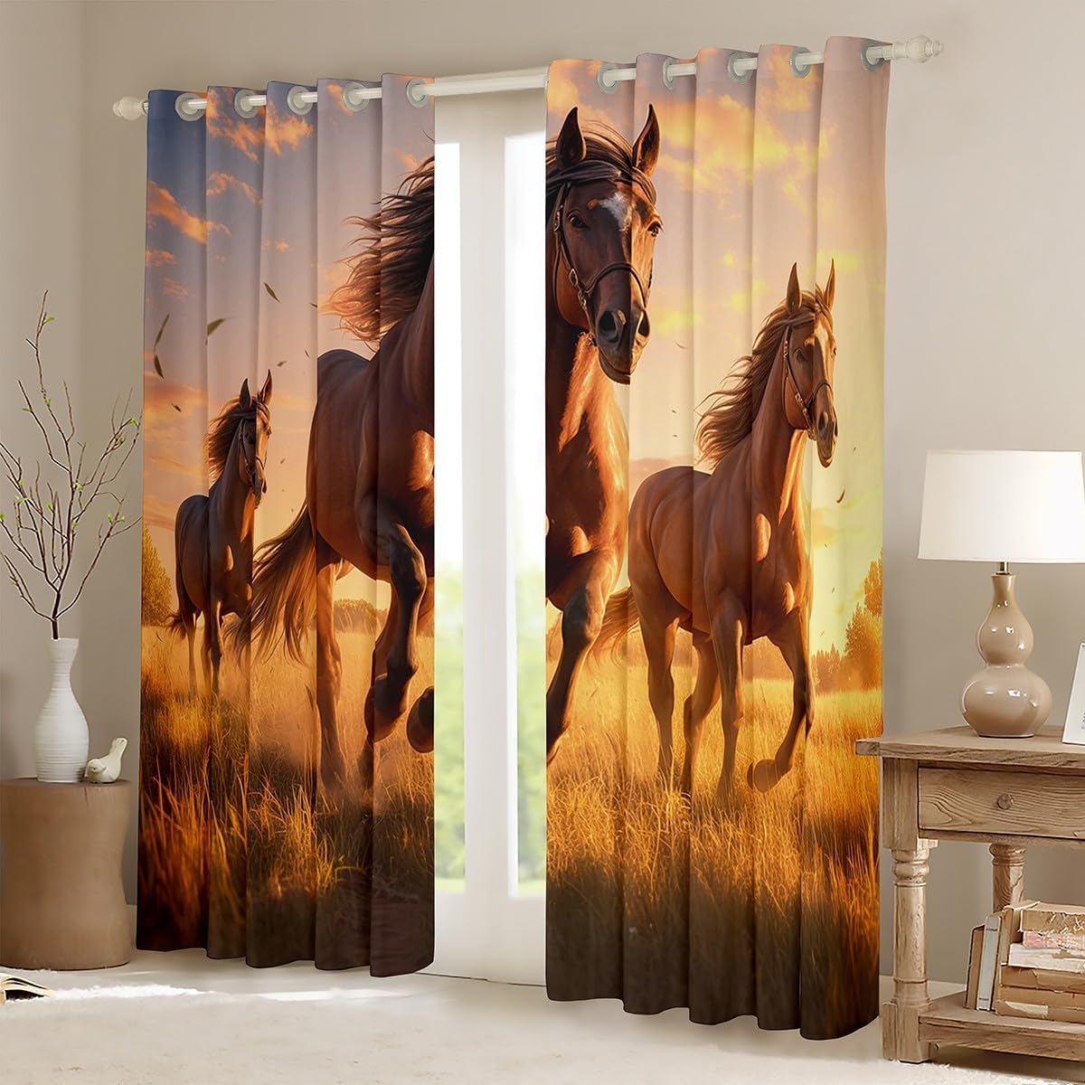 Feelyou Kids Horse Blackout Curtains Galloping Horse Window Curtains Boys Girls Wild Animal Darkening Drapes Western Farm Teens Window Treatments Bedroom Decor (2 Panels, 52 x 96 Inch)