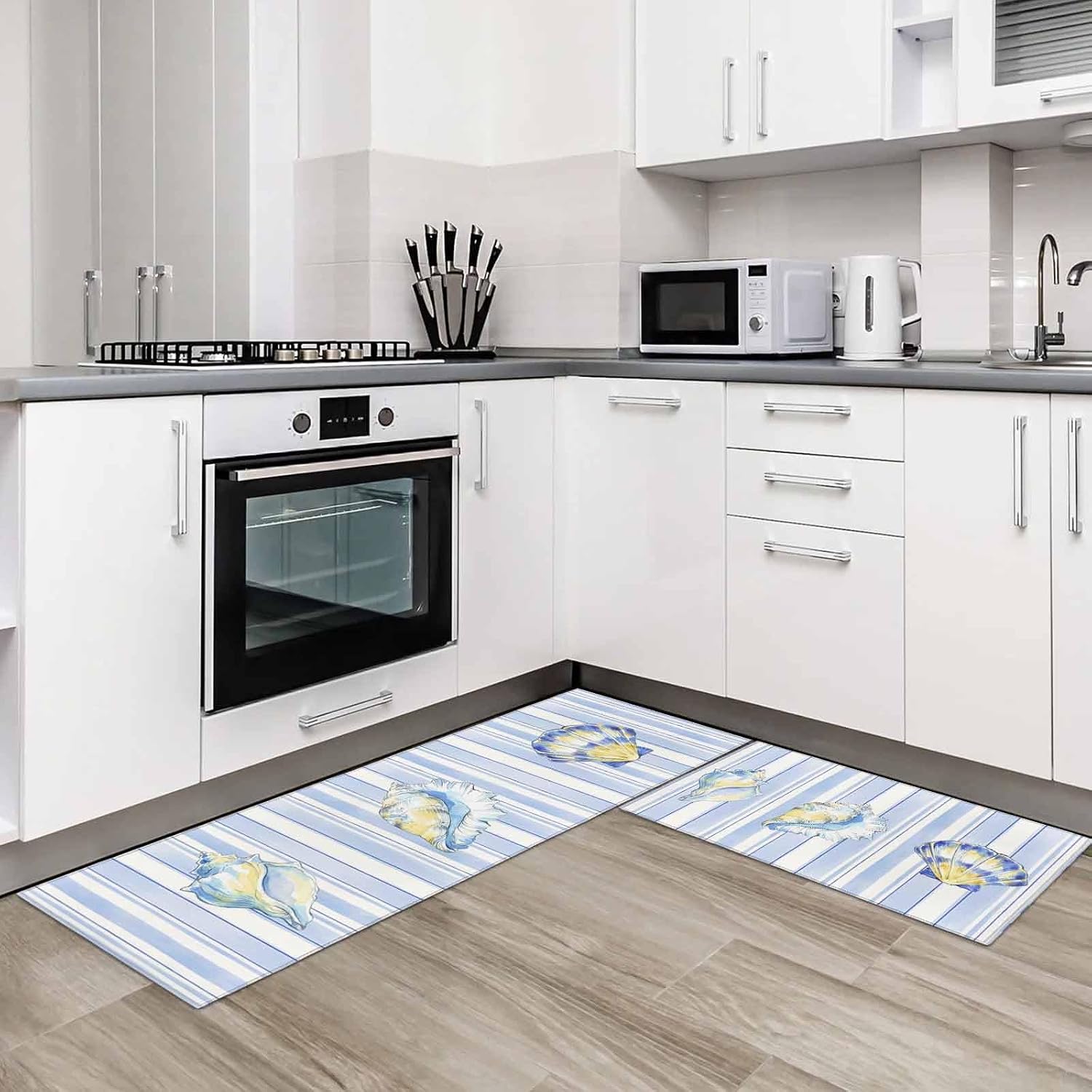 Kitchen Mats for Floor Summer Watercolor Conch Shell Washable Non Slip Kitchen Rugs 2PCS, Marine Ocean Life Blue Stripe Absorbent Standing Mats for Sink Office Living Room 15.7x23.6in+15.7x47.2in