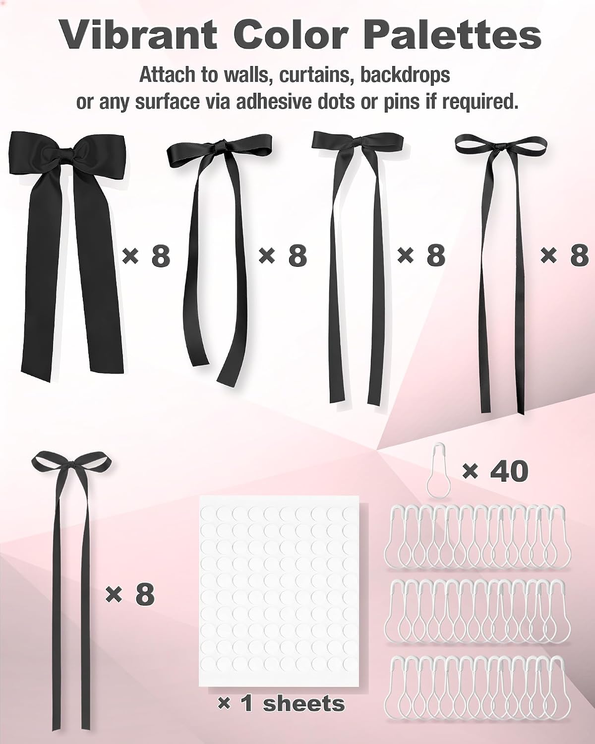 CeeVian Black Bow Wall Decor 40 PCS Black Bow Birthday Decorations DIY Bows Photo Backdrop Ribbon Bow Wall Decor for Birthday Baby Shower Bachelorette Wedding Party Room Bedroom