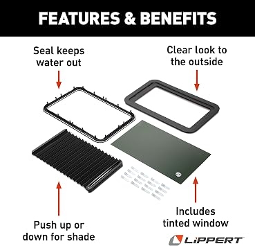 Lippert Components 806621 Thin Shade Complete Window Kit for RV Entry Doors, Black | For Lippert Doors Only, Includes Tinted Glass, Interior and Exterior Frames, Blind and Hardware, 24.72 x 15.72 Frame