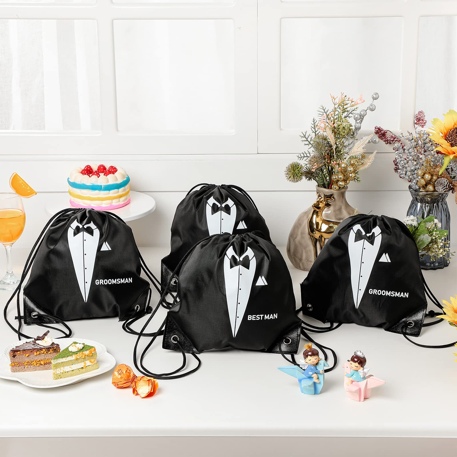 Shappy 7 Pack 9 x 9.9 Inches Groomsmen Gifts Bags for Wedding Party Favor Bags with Drawstring Black Bachelor Present Set for Groomsman Proposal Father's Birthday Anniversary Boss Party Supplies