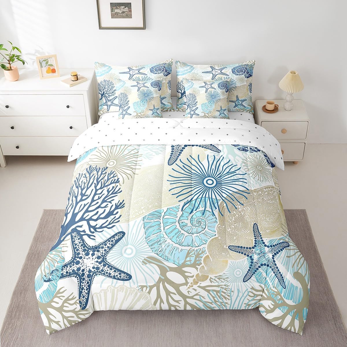 jejeloiu Ocean Comforter Set Boys Girls Queen Size 7 Pieces Blue Tropical Coral Bedding Set for All Season for Kids Women Men Starfish Bed in a Bag with Comforter, Sheets, Pillowcases & Cushion Cover