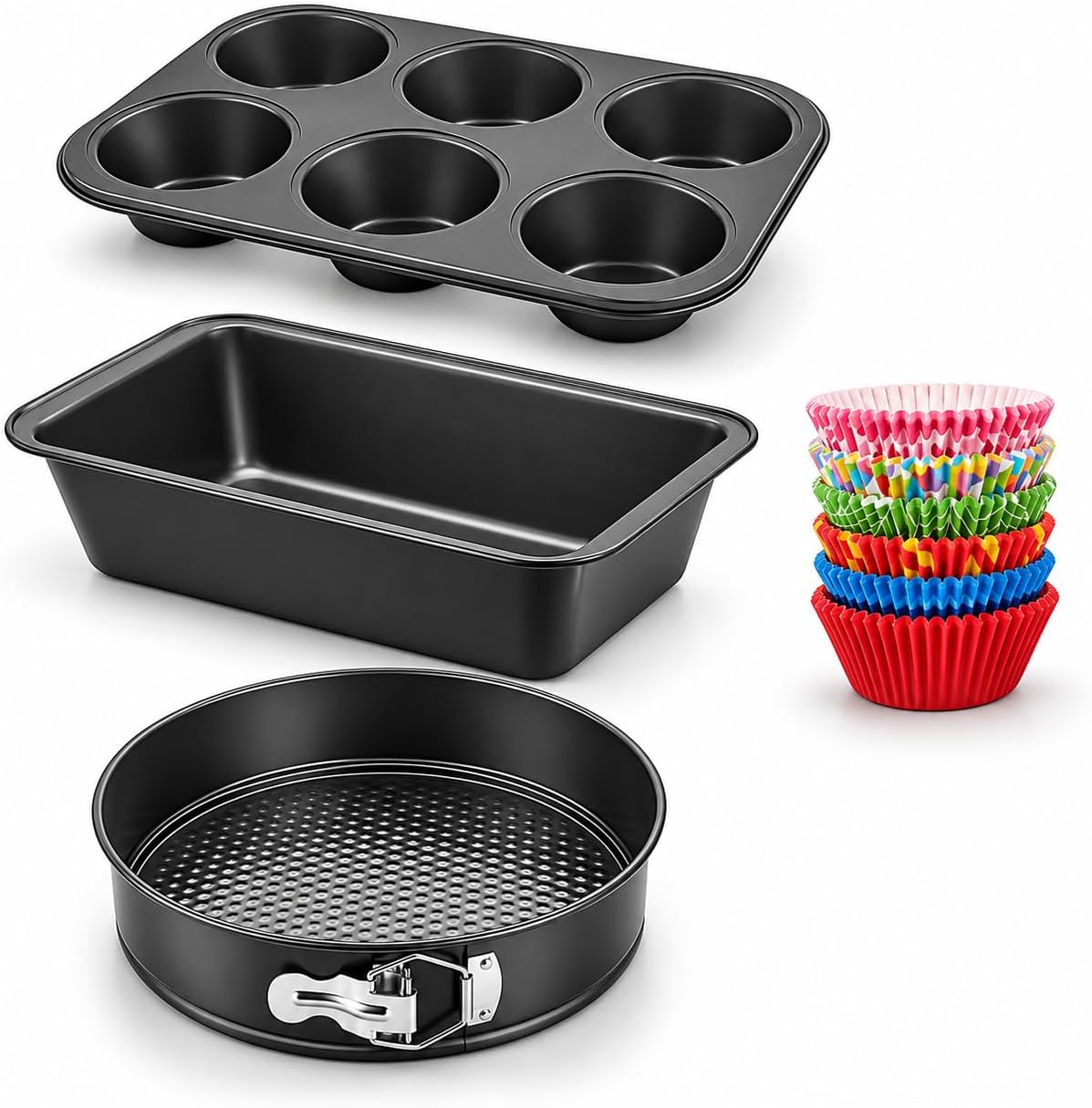 Xacton 4-Piece Non-Stick Bakeware Set for Home Baking | 6-Cup Muffin Tray, Loaf Bread Pan, Round Springform Cake Tin & 100 Cupcake Liners | Cake, Bread, Brownie & Muffin Baking Moulds | Black