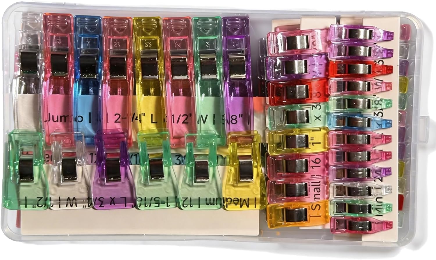 YLAZIION Sewing Clips for Fabric - 60 Pcs Multi-Size Assorted Sizes Quilting Clips with Storage Box, Mini Small Medium Jumbo Fabric Clips for Sewing, Hemming, Binding & Crafts, Mixed Color