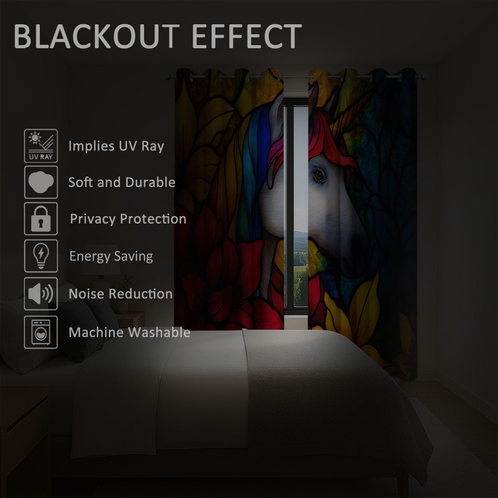 Rideau Occultant 3D Impression Salon 140 x 175 cm Fenêtre En Verre À Licorne Abstraite Thermique Anti Froid Polyester Décoration Chambre Rideau Isolant Phonique pour Chambre, 2 Panneaux, Couleur