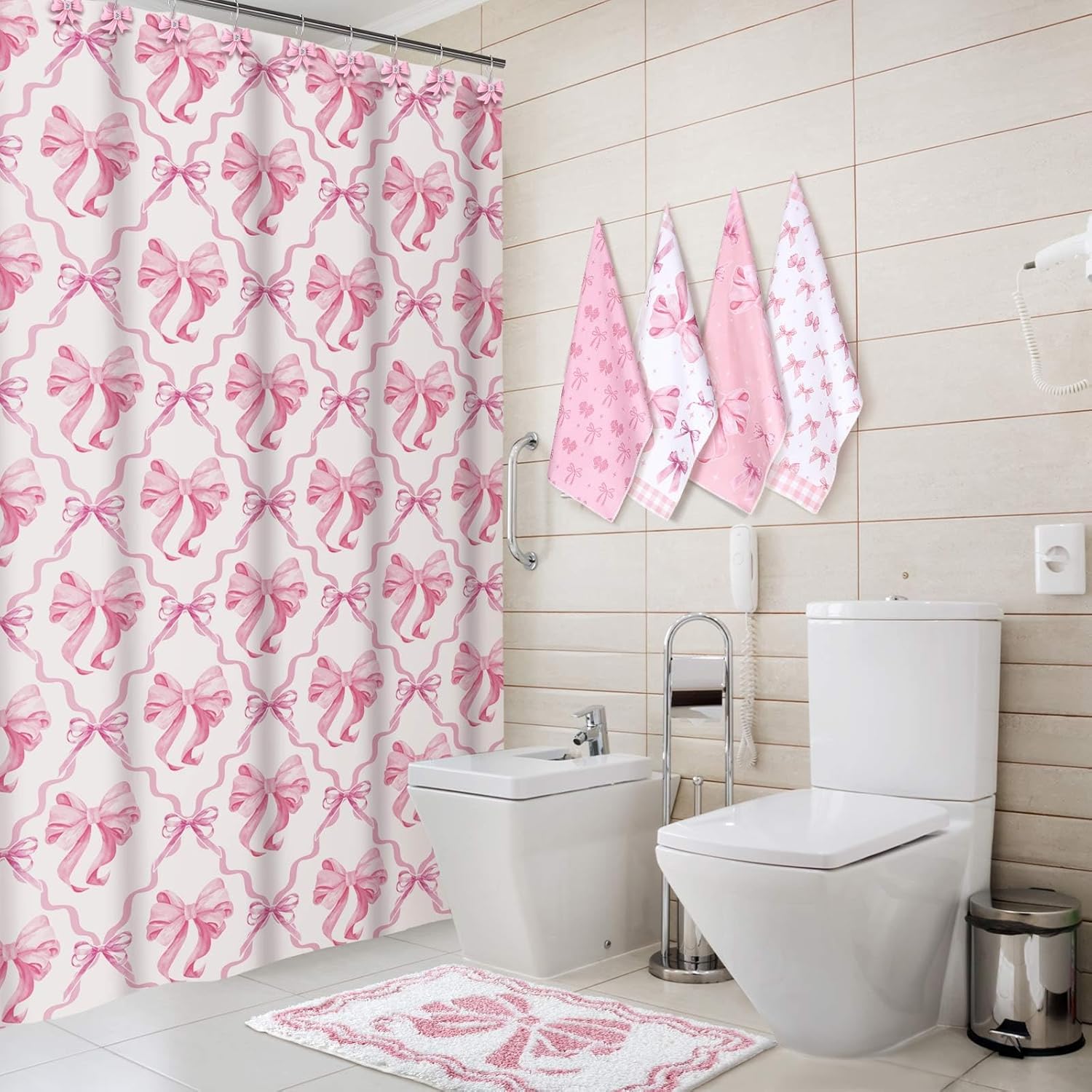 18 Pcs Pink Bow Shower Curtain Set with 12 Decorative Shower Curtain Hooks Pink Bow Knot Bathroom Towels Coquette Non Slip Absorbent Microfiber Rug for Christmas Modern Aesthetic Bathroom