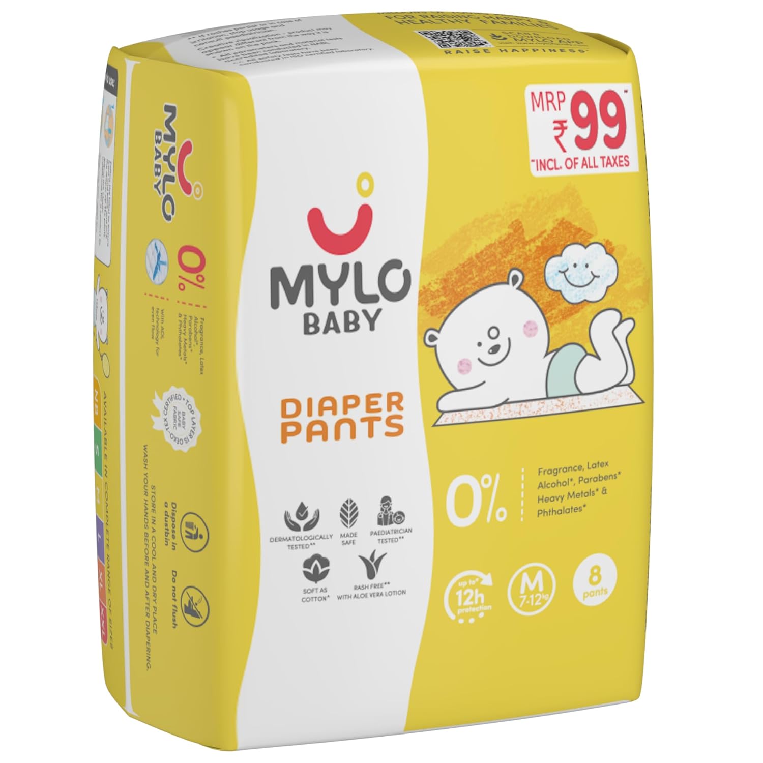 Mylo Baby Diaper Pants Medium (M) Size 7-12 kgs (8 count) Leak Proof | Lightweight | Rash Free | 12 Hours Protection | ADL Technology