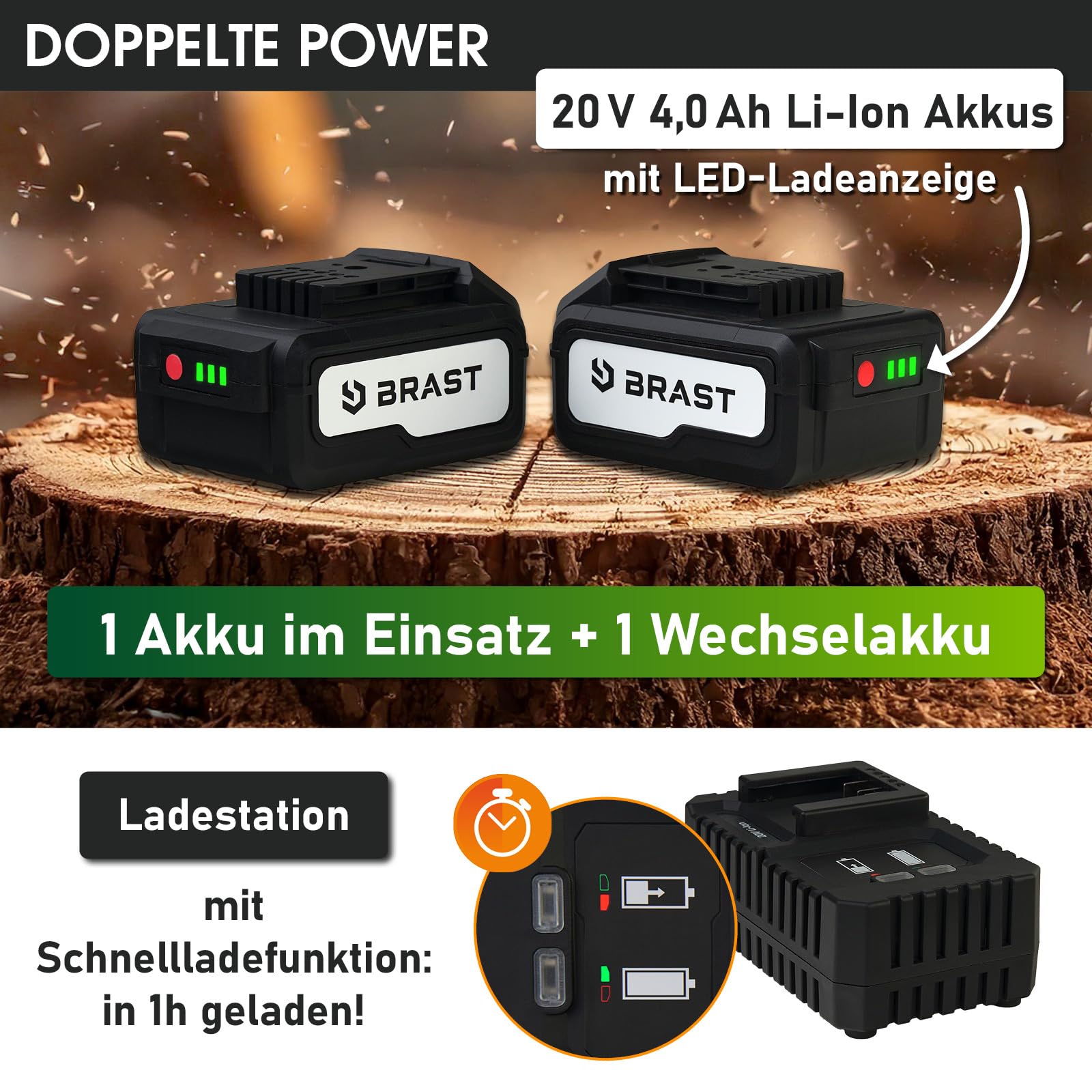 BRAST® Teleskop-Heckenschere und Hochentaster | 2in1 Funktion | 2X 20V 4Ah Akkus + Ladestandsanzeige | stufenlos verstellbar | inkl. Schnellladegerät, gummierter Griff + Schultergurt