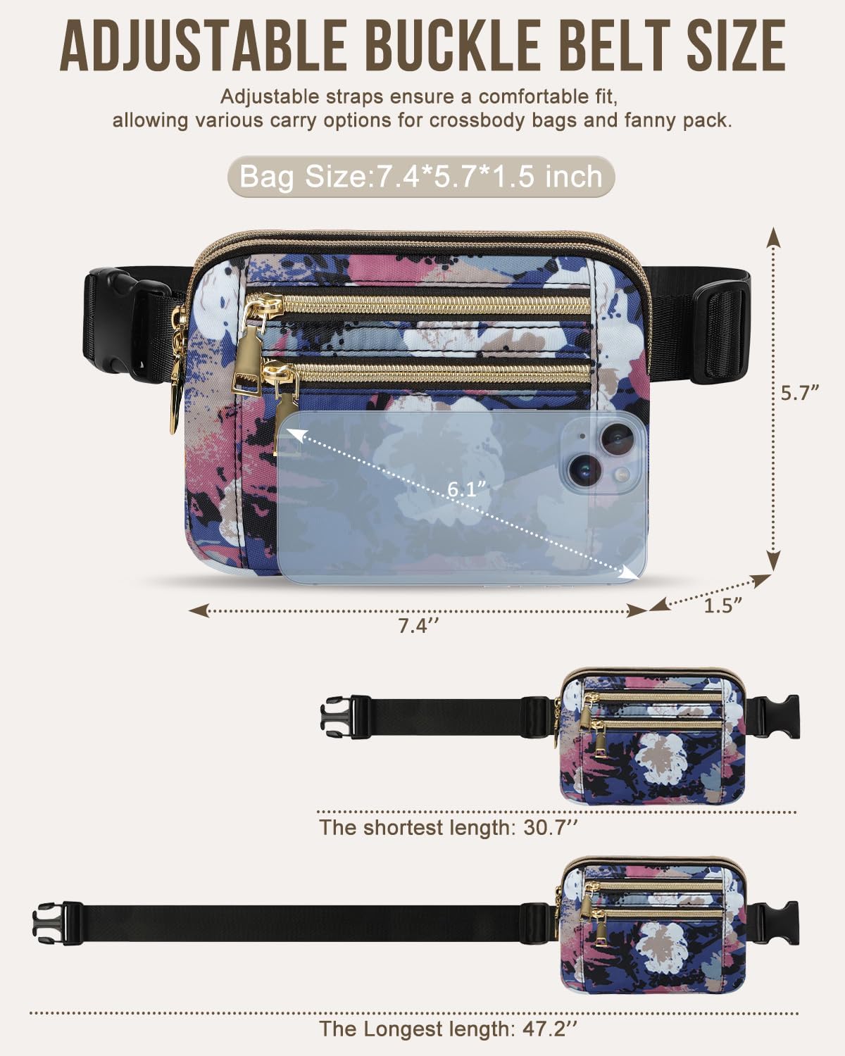Capolo Fanny Packs for Women Fashion Waist Packs Bag with Adjustable Strap and 4 Zipper Pockets Waterproof Everywhere Crossbody Belt Bag for Workout Running Travelling(Watercolor Print) - Image 5